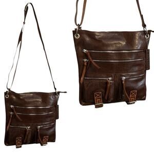 Nino Bossi Brown Crossbody Modern Bag Purse Multiple Zipper Compartments-NWOT